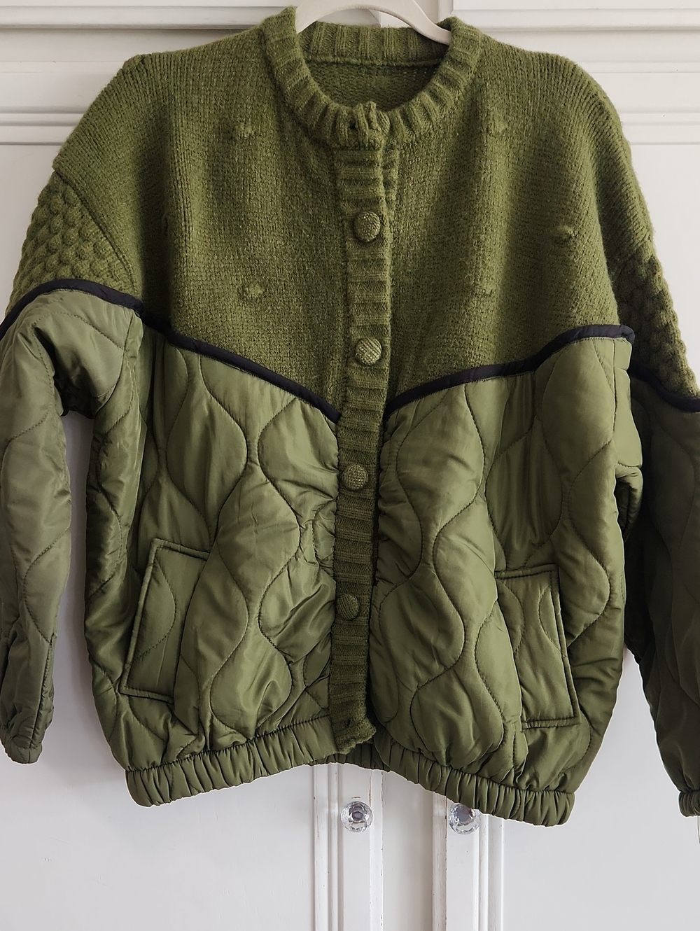 Olive Green Quilted Knit-Panel Jacket